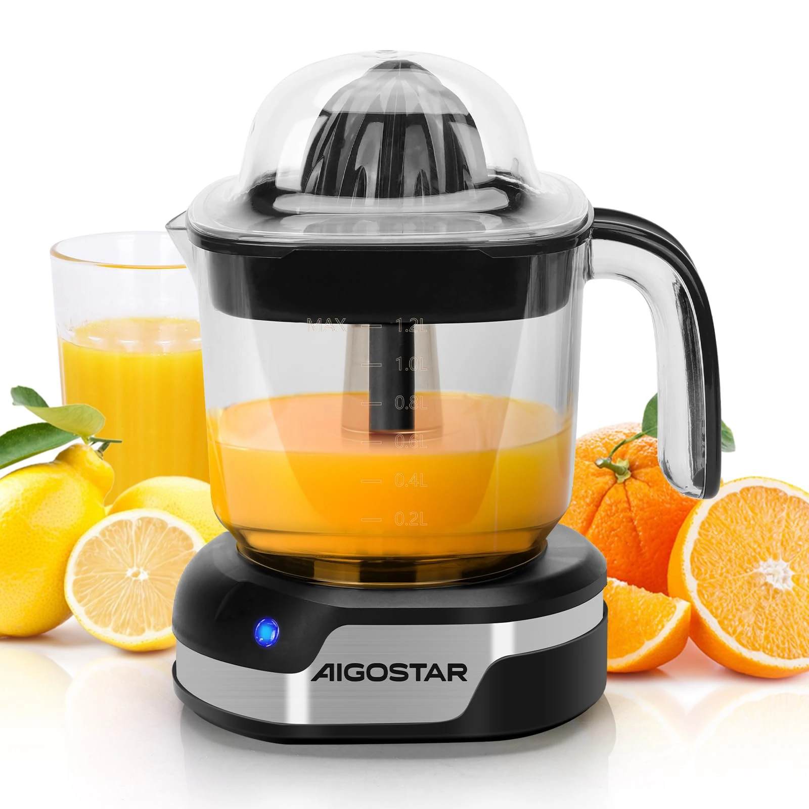 Aigostar 1.2L Orange Juicer Electric Citrus Juicer with LED Working Lamp, 2 Citrus Cones, Two Way Rotation, Filter, Lemon Squeezer Press for Orange Lemon Lime Grapefruit, Black - Juicy 30G4F
