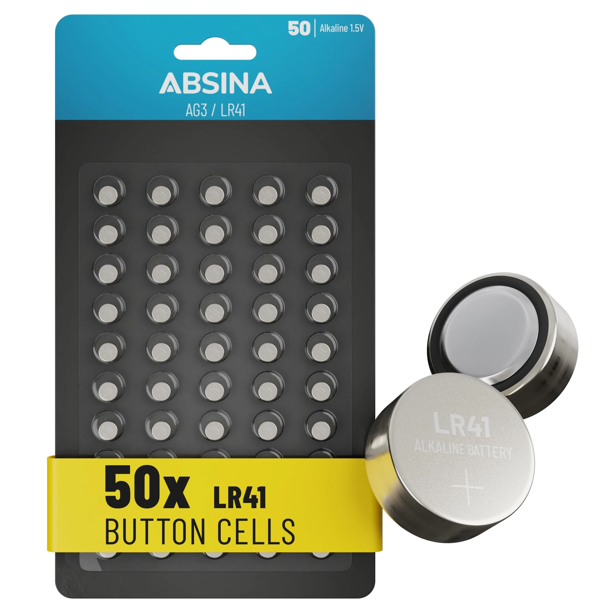 ABSINA 50x AG3 LR41 batteries 1.5V Alkaline - LR41 button batteries Leak-Proof & Long-Lasting - LR736 / L736 / G3 / G3A / 3GA / 192 / GP192 / V3GA / RW87 - AG3 batteries, LR41 battery, L736 battery
