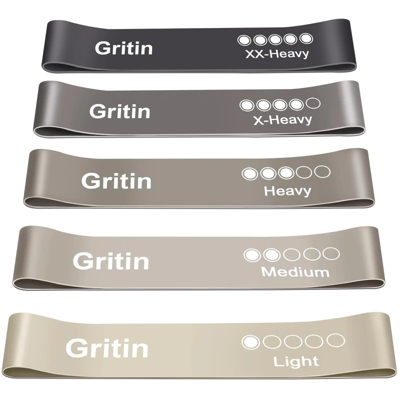 Gritin Resistance Bands, Set of 5 Skin-Friendly Resistance Fitness Exercise Loop Bands with 5 Different Strength Levels - Carrying Case Included - Ideal for Home, Gym, Yoga, Training