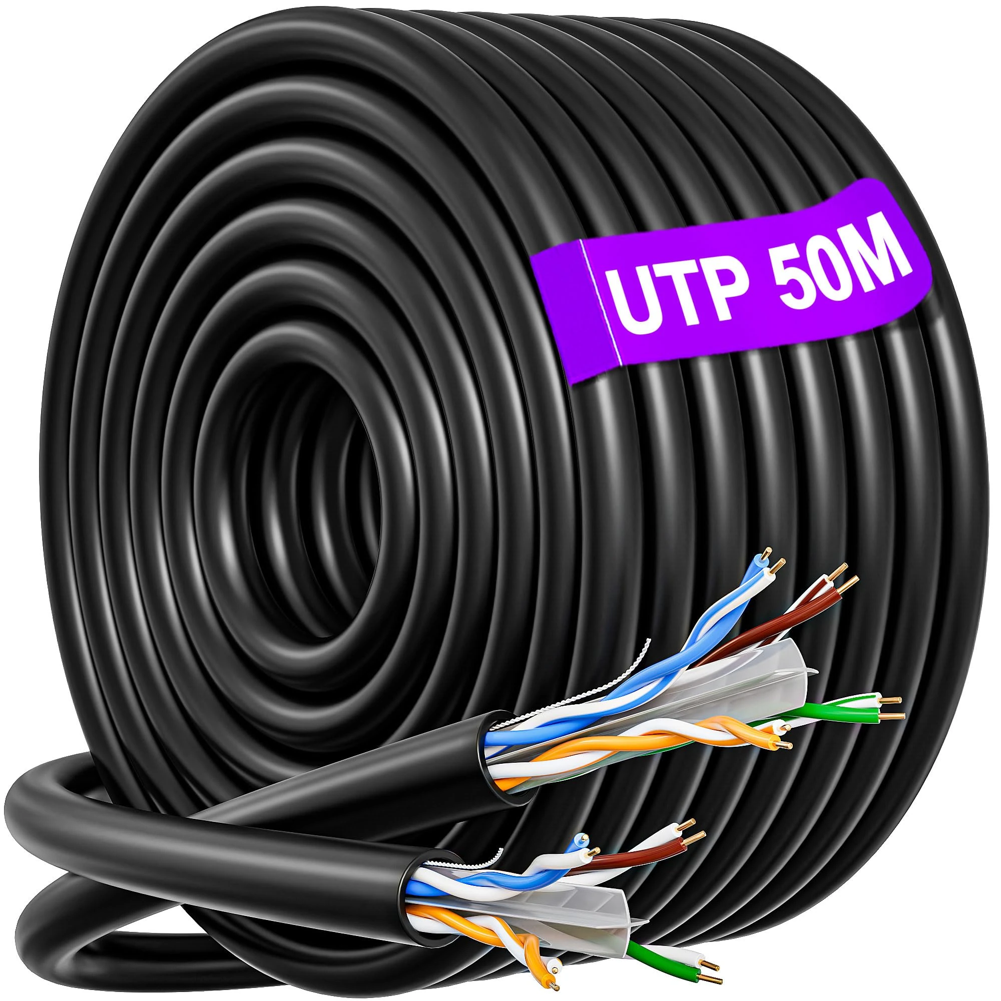 MEIPEK Ethernet Cable 50m Outdoor Indoor, Long Internet Cable 50m Cat 6 High Speed 250MHz 1000Mbps, UTP 23AWG Cuttable Round Network LAN Cable, Black CCA Broadband Patch Cord for Router Switch Modem