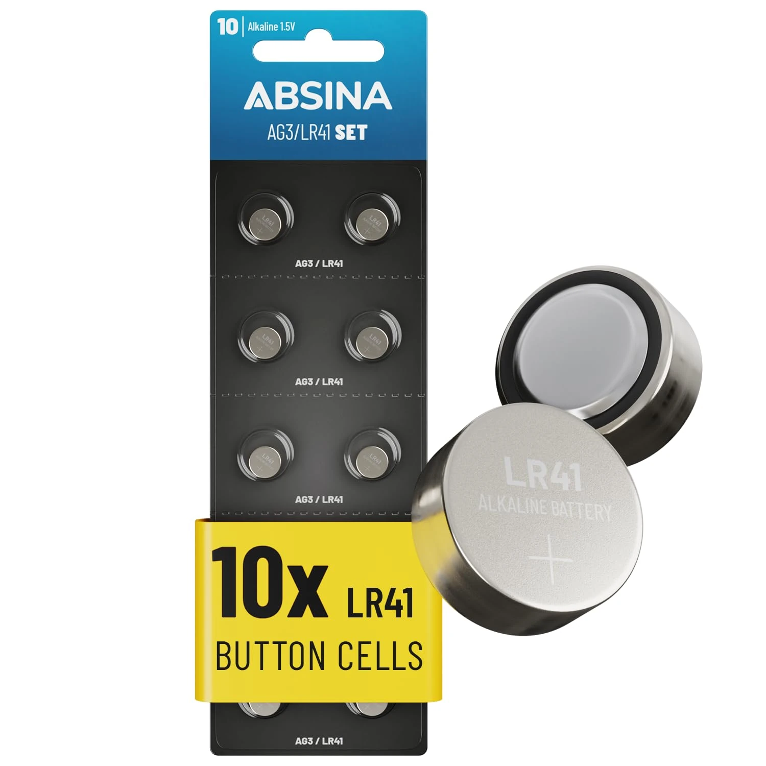 ABSINA 10x AG3 LR41 batteries 1.5V Alkaline - LR41 button batteries Leak-Proof & Long-Lasting - LR736 / L736 / G3 / G3A / 3GA / 192 / GP192 / V3GA / RW87 - AG3 batteries, L736 battery