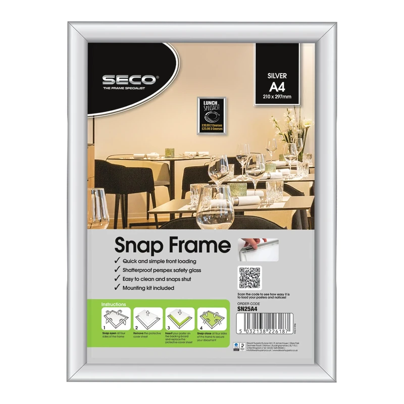 SECO Silver Aluminium Display Snap Frame - Pack of 10 - Easy Open for Posters, Menus, Notices & Signs – Wall Mountable Click Frame for Office, Retail, Restaurants & Public Spaces - A4 (210x297mm)