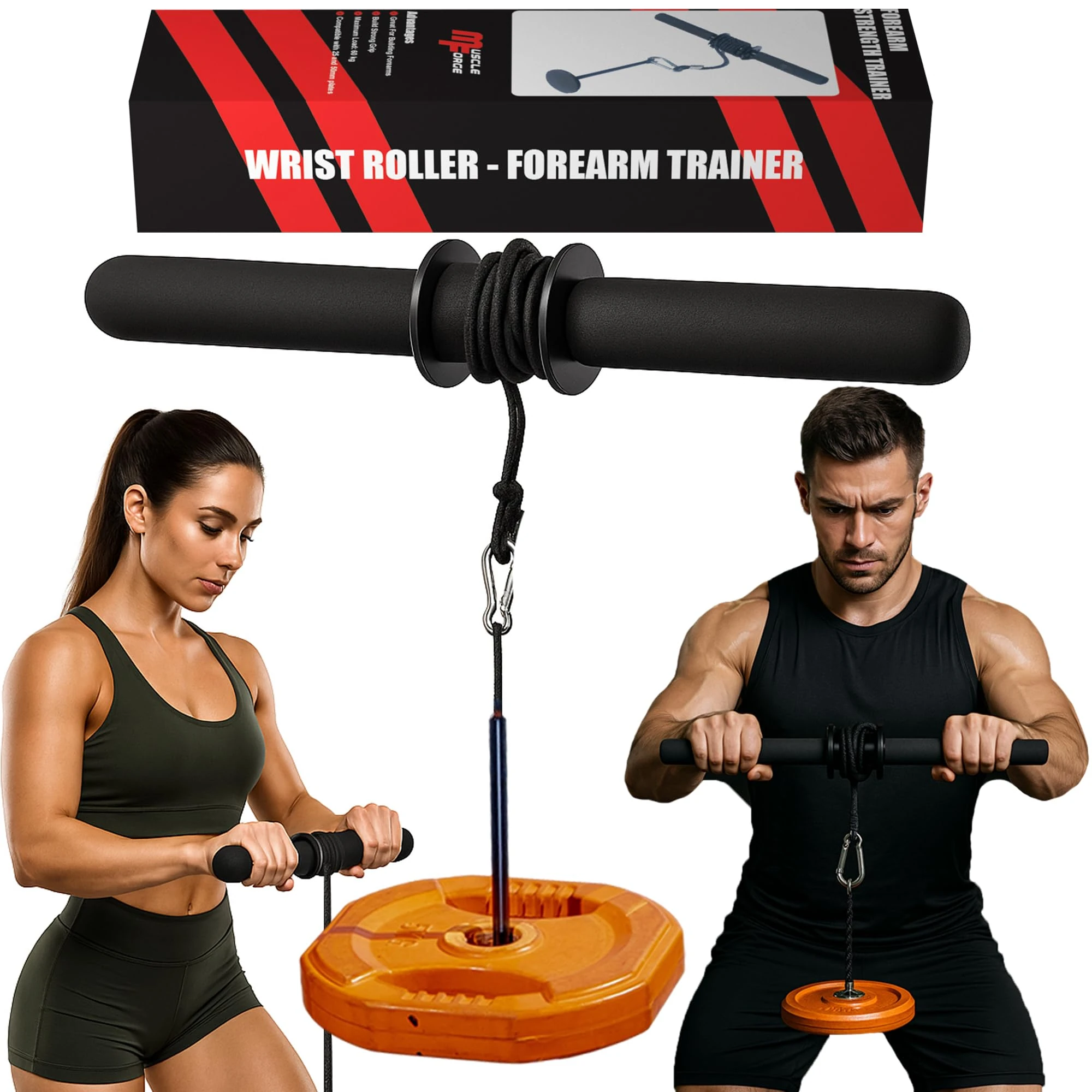 MuscleForge Wrist Roller Forearm Trainer up to 60KG load for Grip and Forearm Strength, Wrist Strengthener for Strong and Muscular Forearms - Supports 25/50mm Plates