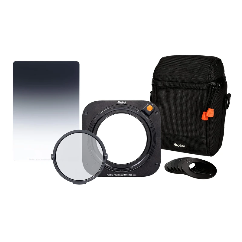 Rollei MK 3 Filter Holder Starter Set Rectangular Filter Holder with Magnetic CPL Filter, Adapter Rings from 52 to 82 mm, Filter Bag and 100 mm Soft GND8 Filter.