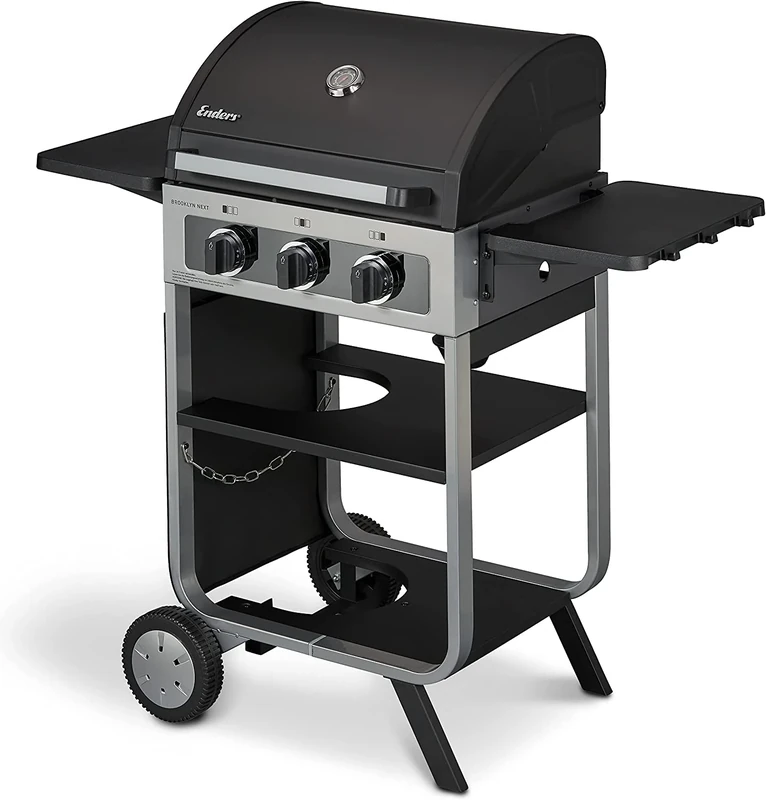 Enders Gas Barbecue BROOKLYN NEXT 3, small grill, 3 burners in stainless steel, with grill thermometer, gas cylinder stowable, stainless steel grill grate, barbecue cart, 30 mbar #8646630