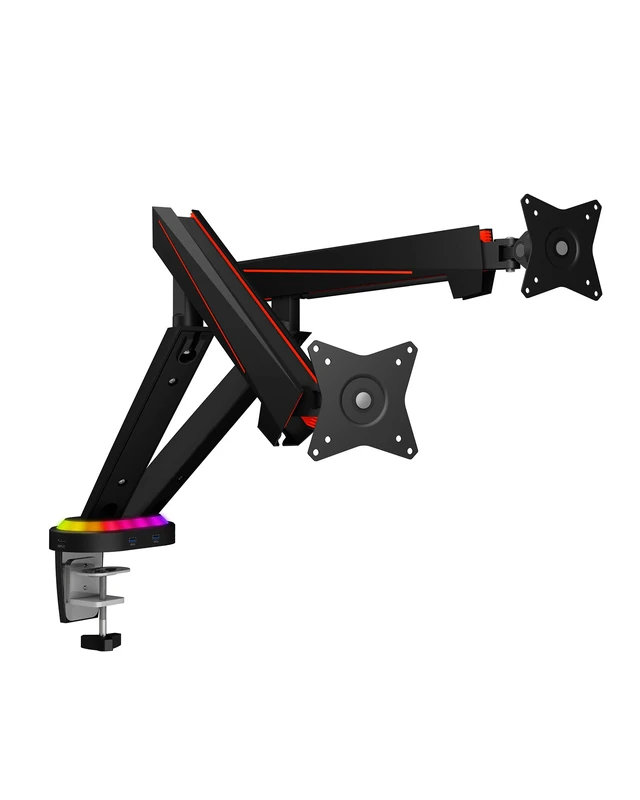 ICY BOX Gaming Monitor Mount with RGB for 2 Monitors up to 32 Inches (up to 8 kg, VESA 75 x 75/100 x 100), Integrated Hub, 2 x USB 3.0, Microphone/Headphone Jack (60871)