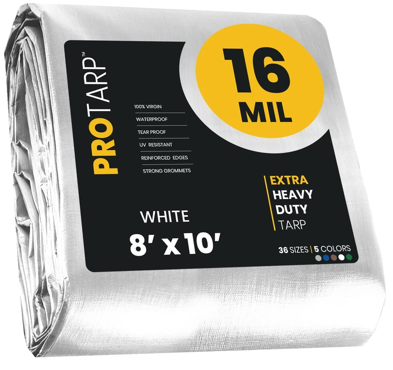 PROTARP - Waterproof Tarpaulin (8′ X 10′ | 2.45m X 3m) White 16 Mil Tarp Sheet Cover - UV Resistant, Rip-Proof Poly Tarp with Reinforced Edges for Multi-purpose usage
