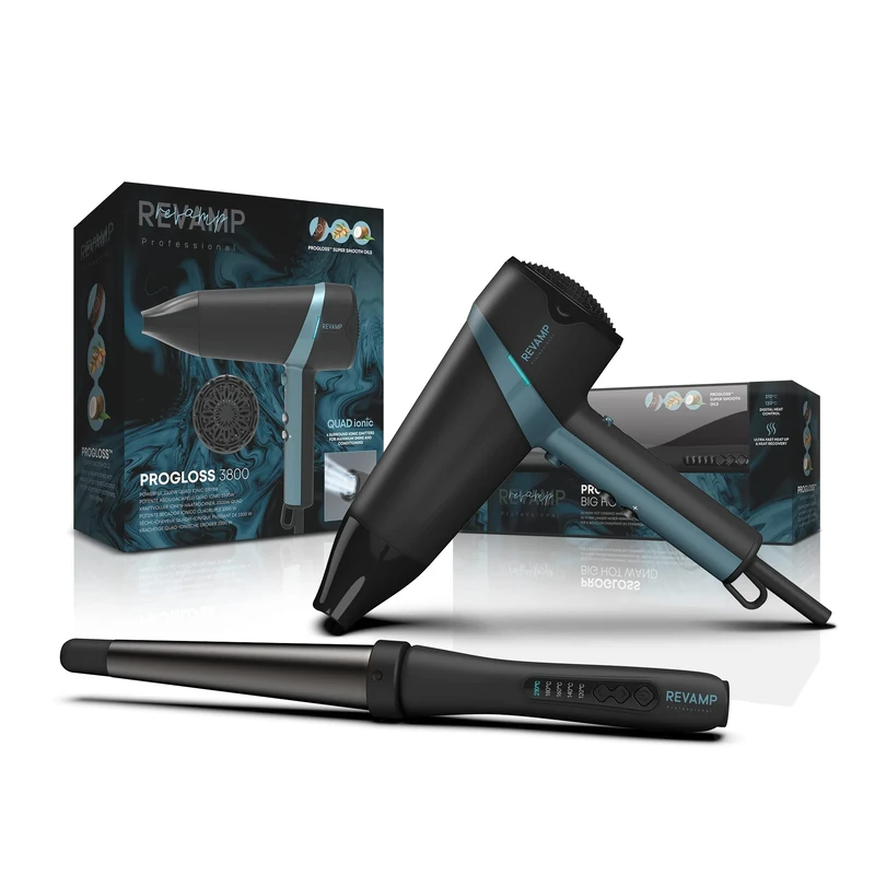 REVAMP Progloss Quad Ionic 3800 Hairdryer - Lightweight, Portable Hairdryer with Concentrator and Volumiser Attachment + Big Hot Wand – Heated Ionic Ceramic Hair Wand for Loose Curls and Waves