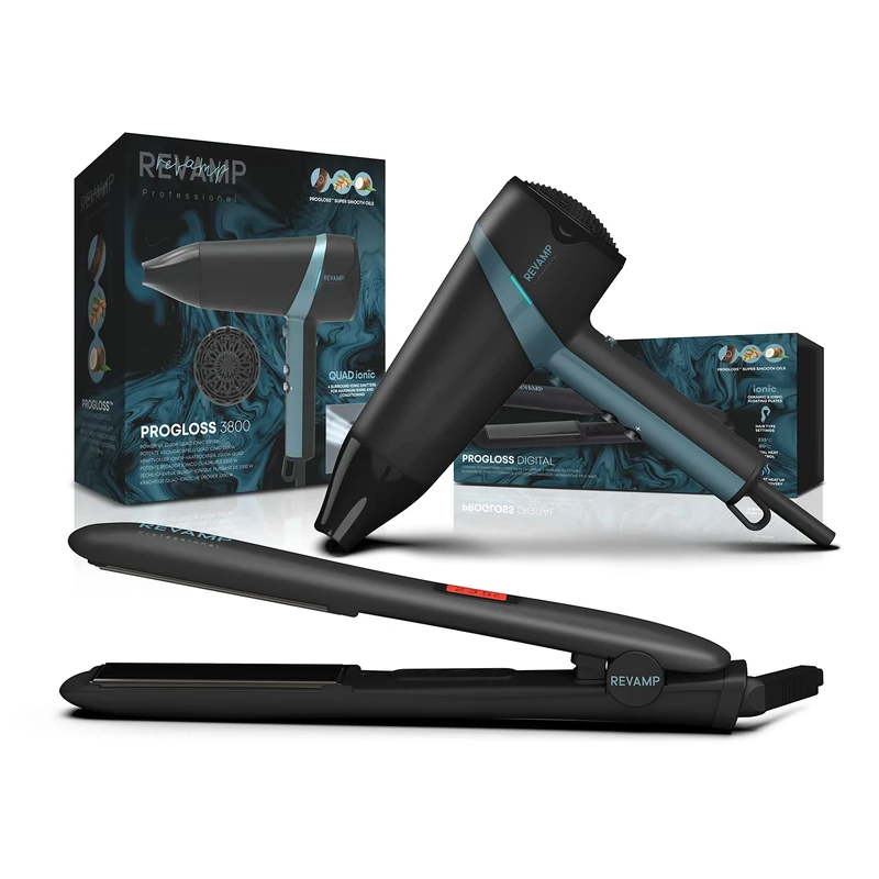 REVAMP Progloss Digital Ceramic Straighteners - Slim, Lightweight, Salon Professional Straightening and Curling Hot Iron Style - Black + Quad Ionic 3800 Hairdryer - Lightweight