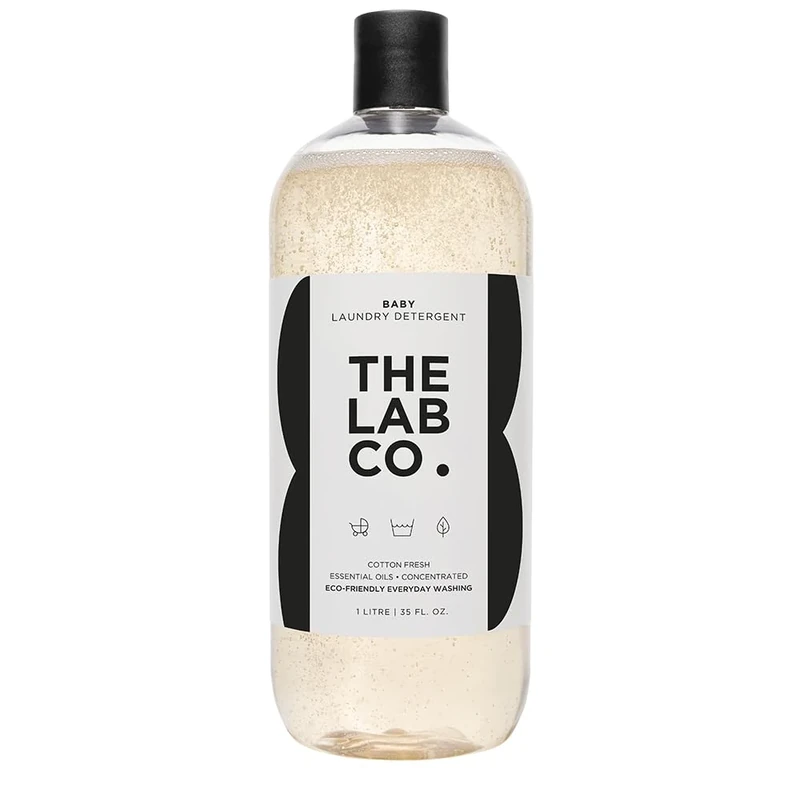 The Lab Co. Baby Wash 1 Litre. For up to 64 washes. Non-Bio Liquid Laundry Detergent for washing machines and hand washing. Plant Based. With a delicate Fresh Cotton Fragrance.