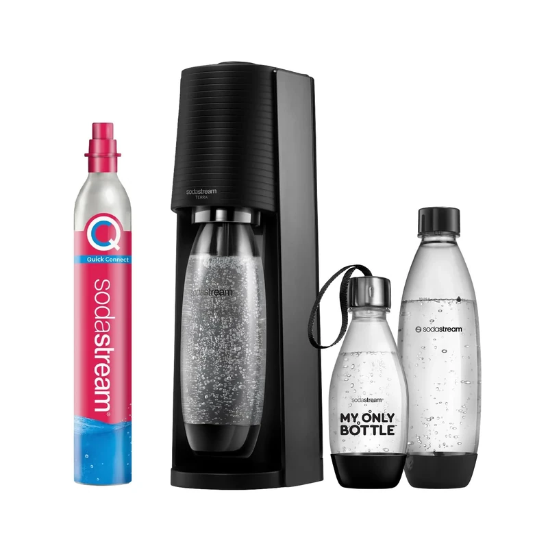 SodaStream Terra Water Carbonator Value Pack with CO2 Cylinder, 2 x 1 L Dishwasher-Safe Plastic Bottle and 1 x 0.5 L Dishwasher-Safe Plastic Bottle, Height 44 cm, Black