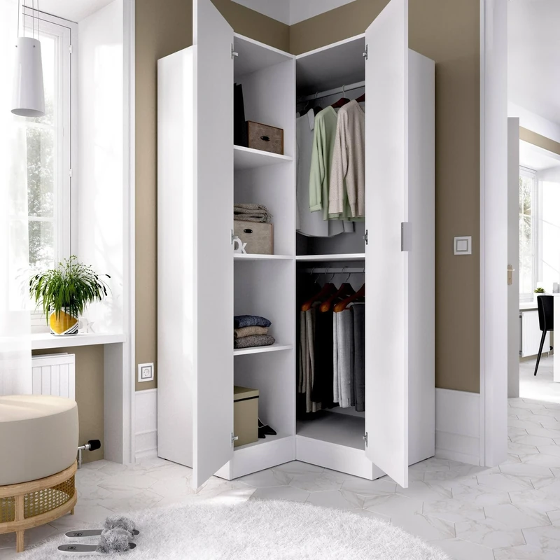 Dmora - Elgon 2 Door Wardrobe, Corner Wardrobe for Bedroom, Corner Clothes Cabinet, 91 x 93 x 184 cm, White