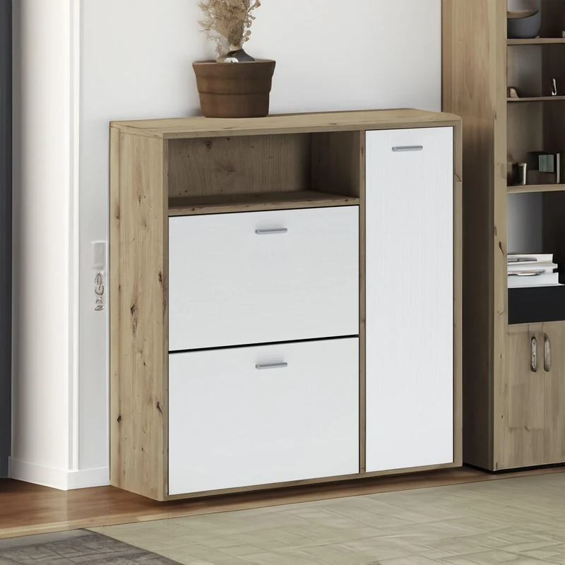 Dmora Adriatic Entrance Cabinet, Coat Rack, Composition for Lobby, Multifunctional Storage Console, 92 x 27 x H 94 cm, Oak and White