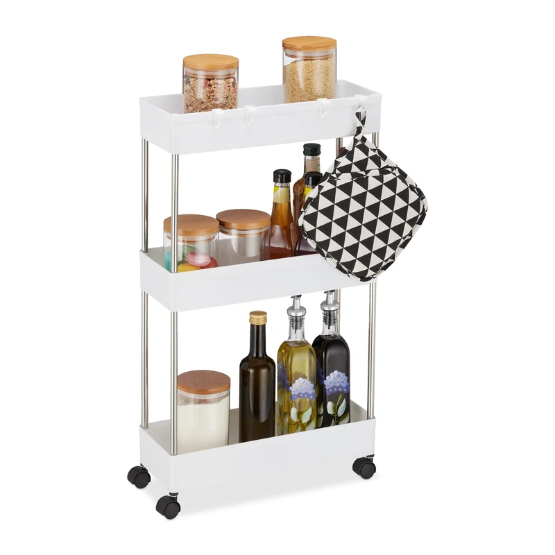 Relaxdays Trolley on Wheels, Plastic, 70 x 15.5 x 40.5 cm, Narrow Storage Shelf, 4 Hooks, 3 Levels, Multipurpose, White