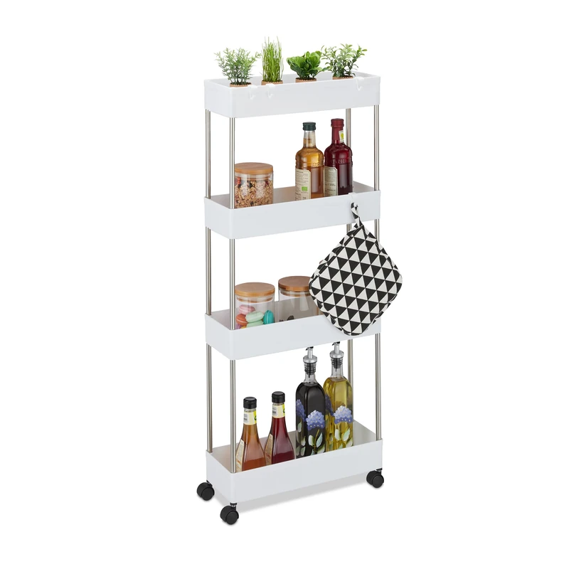 Relaxdays Storage Trolley, Rolling Cart, Space Saving Shelf, Kitchen, 4 Shelves, Plastic, HBT 98 x 15.5 x 40.5 cm, White, Stainless Steel