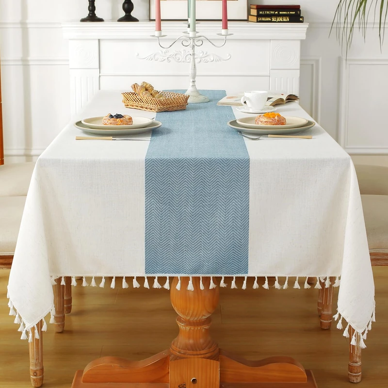 Laolitou Tablecloth for Dining Table Rustic Farmhouse Kitchen Table Cloth Coffee Table Cover, Cotton Linen Fabric Small Rectangle Tablecloths, Beige, Blue Stripe, 55x102 Inch
