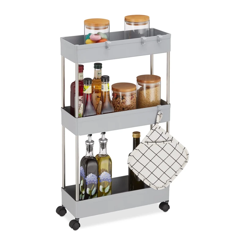 Relaxdays Trolley on Wheels, Plastic, 70 x 15.5 x 40.5 cm, Narrow Storage Shelf, 4 Hooks, 3 Levels, Multipurpose, Grey, 50% Stainless Steel