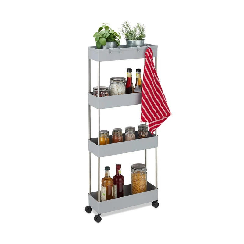 Relaxdays Storage Trolley, Rolling Cart, Space Saving Shelf, Kitchen, 4 Shelves, Plastic, HBT 98 x 15.5 x 40.5 cm, Grey
