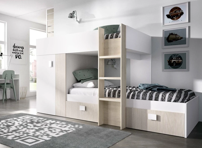 Dmora Bambini Cevedale, Complete Bedroom with Wardrobe and Drawers, Composition Bunk Bed with Two Single Beds, 271 x 111 x 150 cm, White and Oak