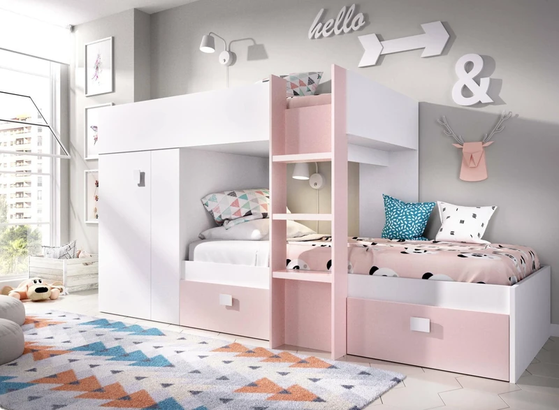 Dmora Bambini Cevedale, Complete Bedroom with Wardrobe and Drawers, Composition Bunk Bed with Two Single Beds, 271 x 111 x 150 cm, White and Pink