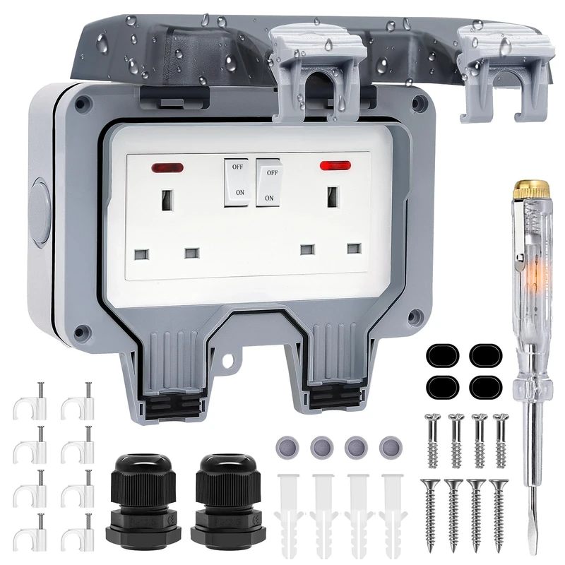 Double Outdoor Socket Waterproof Outside Plug Socket Weatherproof IP66 Wall Electrical Outlet, 13Amp 2Gang Storm
