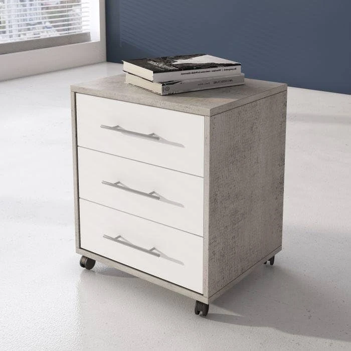 Dmora ArcosdelaF Modern 3 Drawer Cabinet with Wheels, Aramdietto Office Document Holder, Desk Bedside Table 43 x 40 x 57 cm, Concrete and White - Image 1