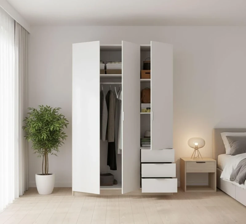 Dmora Cimone Wardrobe, Wardrobe for Bedroom, Wardrobe with 3 Hinged Doors and 3 Drawers, 121 x 52 x 184 cm, White and Oak