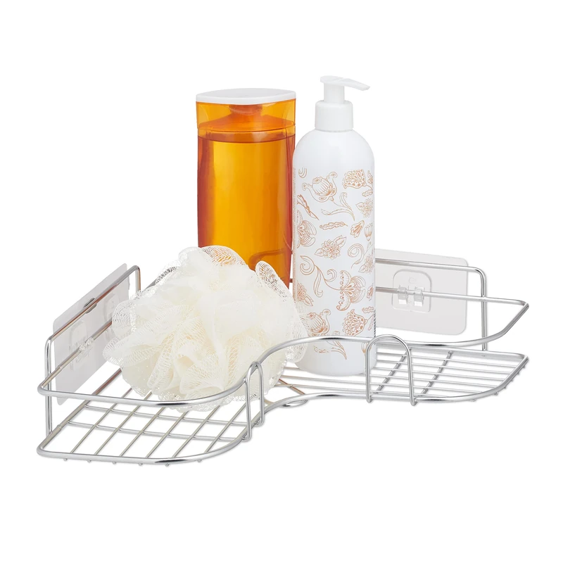 Relaxdays Shower Corner Rack, Adhesive Bathroom Basket, Stainless Steel, Shampoo Shelf, HWD: 7 x 26.5 x 26.5 cm, Silver