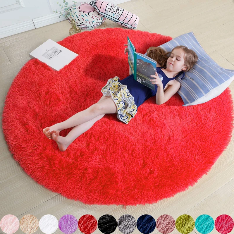 Amdrebio Red Round Rug - Fluffy Circle Carpet, 5'X5', Plush for Bedroom, Kids, Teen Girls, Nursery, Dorm, Baby Room Decor
