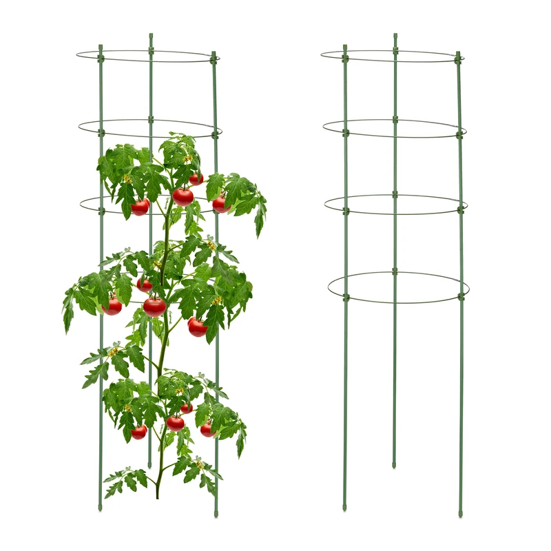 Relaxdays Garden Trellis Set of 2, Metal & Plastic, HxØ: 91x28 cm, 4 Adjustable Rings, Tomatoes & Climbing Plants, Green, Iron
