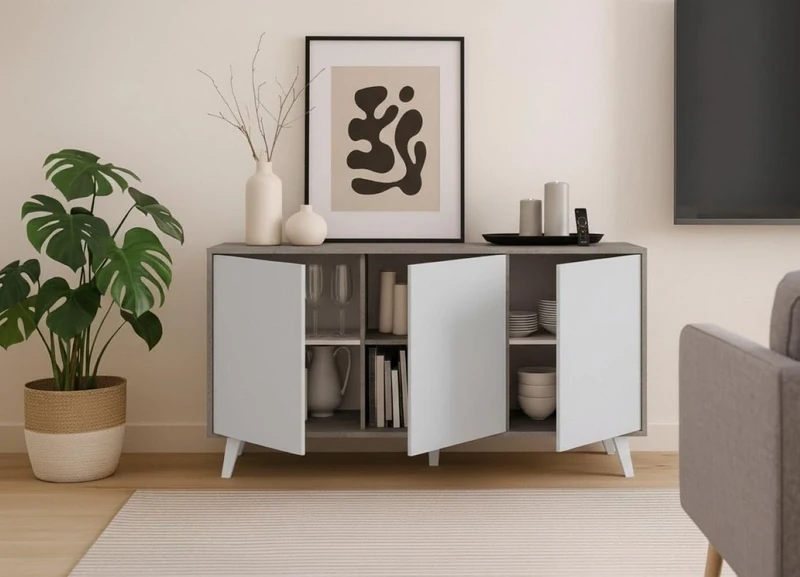Dmora - Sideboard Weddell, Living room buffet, Living room sideboard, Kitchen pantry, 154x40h72 cm, Light Gray and White
