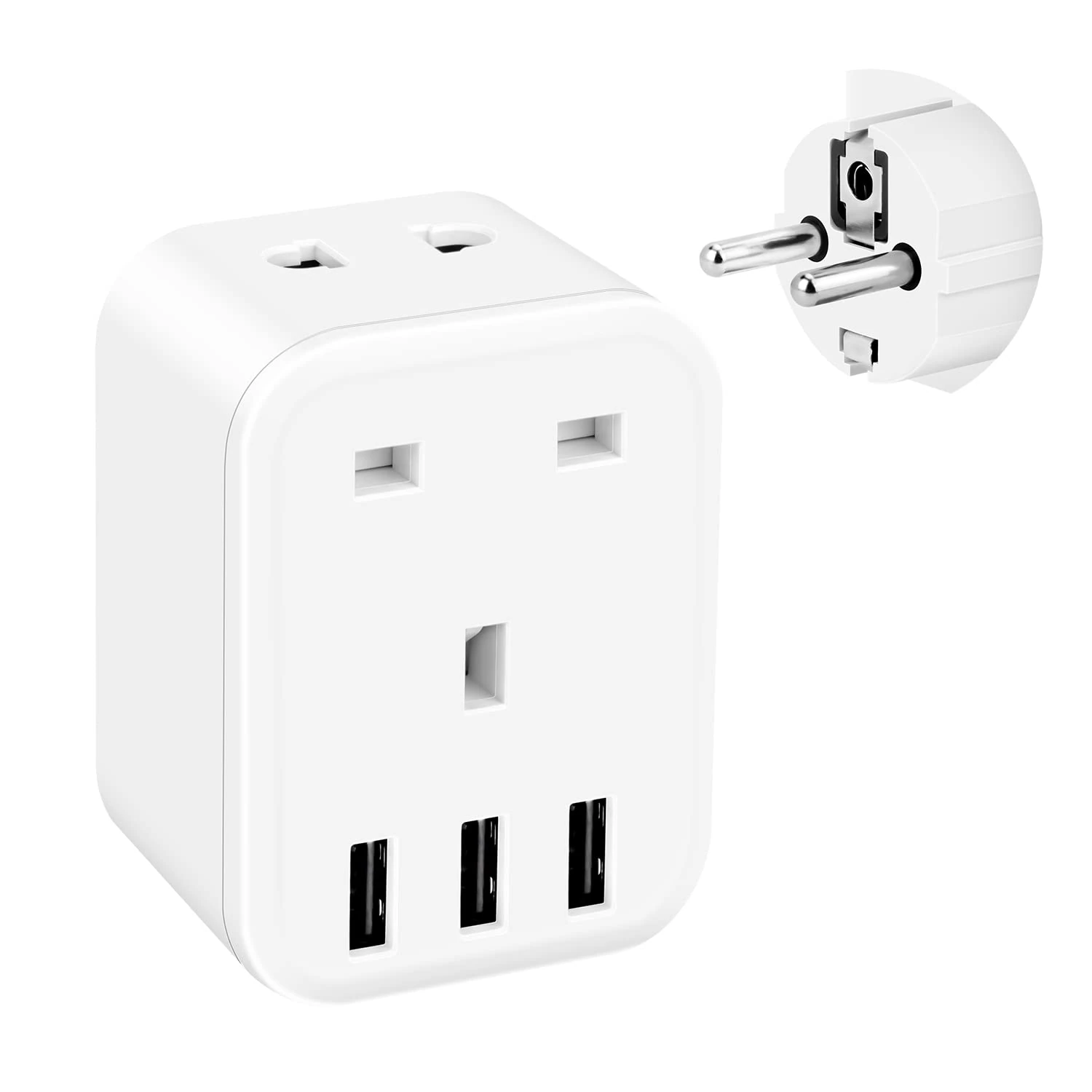 UK to European Plug Adapter, FDTEK Grounded EU Euro Europe Travel Adapter with 3 USB Slots, Schuko Travel Plug for Germany France Spain Iceland Greece Norway and more (Type E/F)