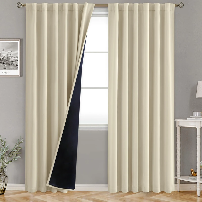 BGment Full Blackout Curtains with Thermal Insulation Liner Curtains 95 Inches Long, Rod Pocket and Back Tab Double Layer Room Darkening Window Curtain for Bedroom(52 x 95 Inch, 2 Panels, Beige)