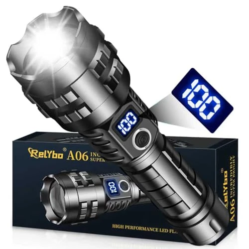Relybo Torches LED Super Bright, Rechargeable Torches 450000 lumens, LED Torch Rechargeable XPH90.2, Tactical Torch Battery Powered, Powerful Flashlight Zoomable for Dog Walking Hiking Emergency Gift