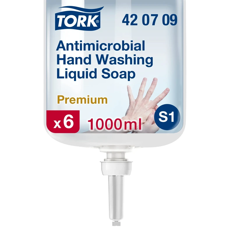 Tork Antimicrobial Liquid Soap for Hand Decontamination S1, Dermatologically Tested, 6 × 1000 ml, 420709