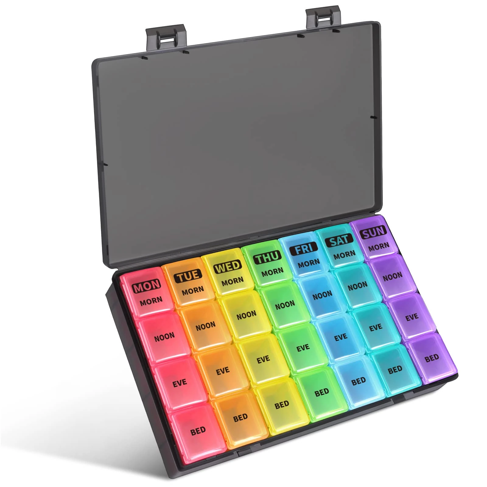Opret Weekly Pill Organiser, Pill Box 7 Day 4 Times a Day with case, Portable Travel Tablet Organiser with 28 Compartments, for Vitamin Fish Oil Supplements Medication (Black-Rainbow)