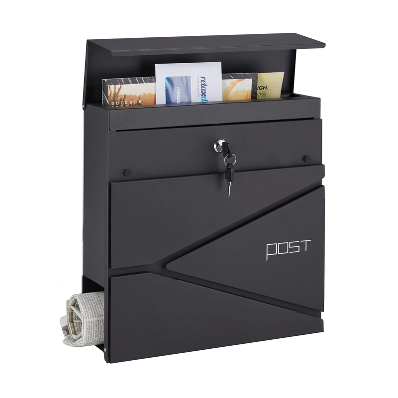 Relaxdays Mailbox with Newspaper Compartment, HWD: 37 x 37 x 11 cm, 2 Keys, Steel, Modern Letterbox with Pattern, Black