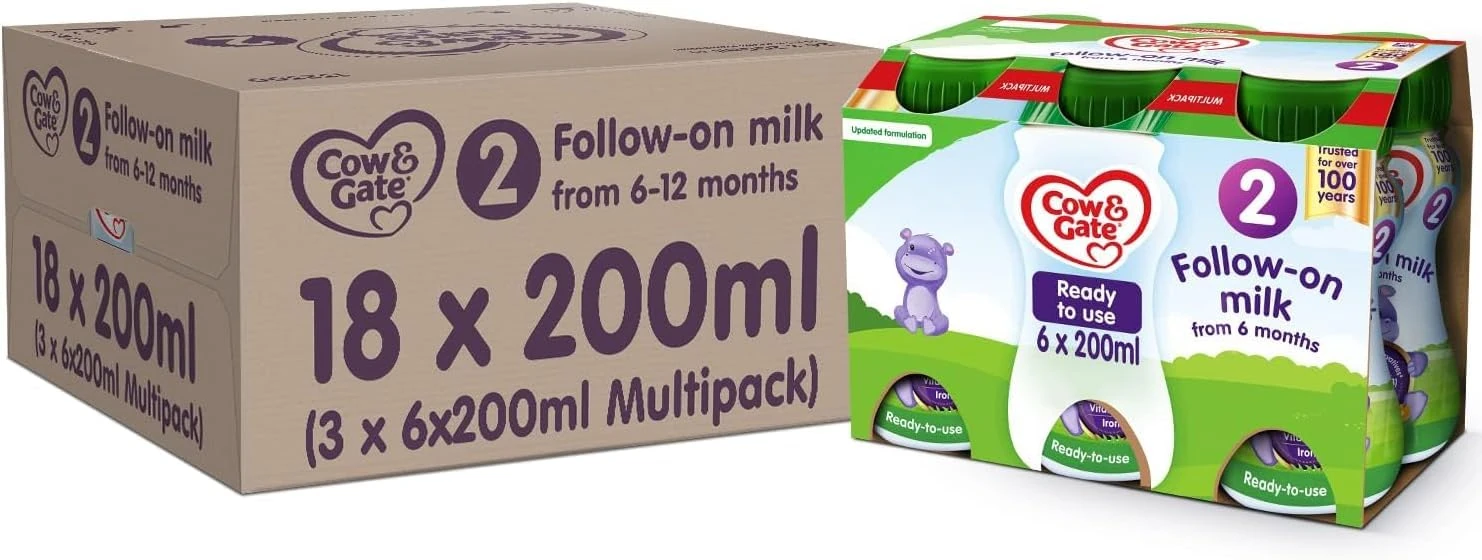 Cow & Gate 2 Follow On Baby Milk Ready to Use Liquid Formula, 6-12 Months, 200 ml, (Pack of 18)