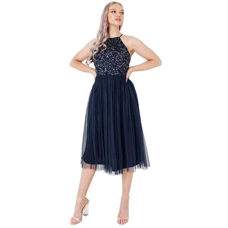 Maya Deluxe Women's Ladies Midi Dress with Halter Neck Tulle for Evening Graduation Prom Wedding Bridesmaids Ball Gown, Navy, 24