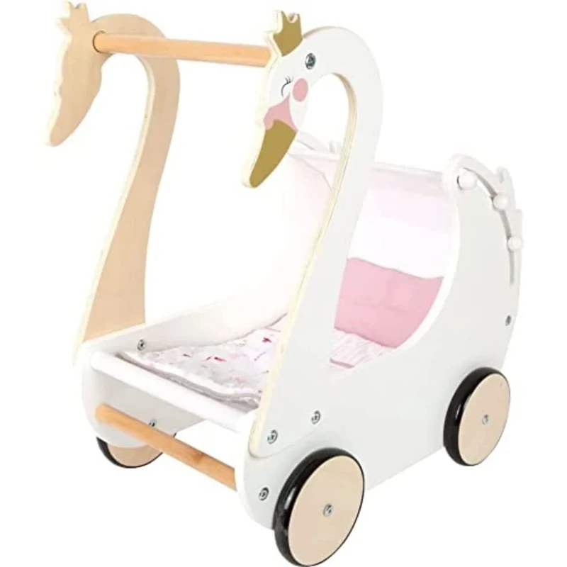 Small Foot Wooden Swan Doll Pram, incl. reversible bed linens, for dolls and plush animals up to 46cm long, No. 12283
