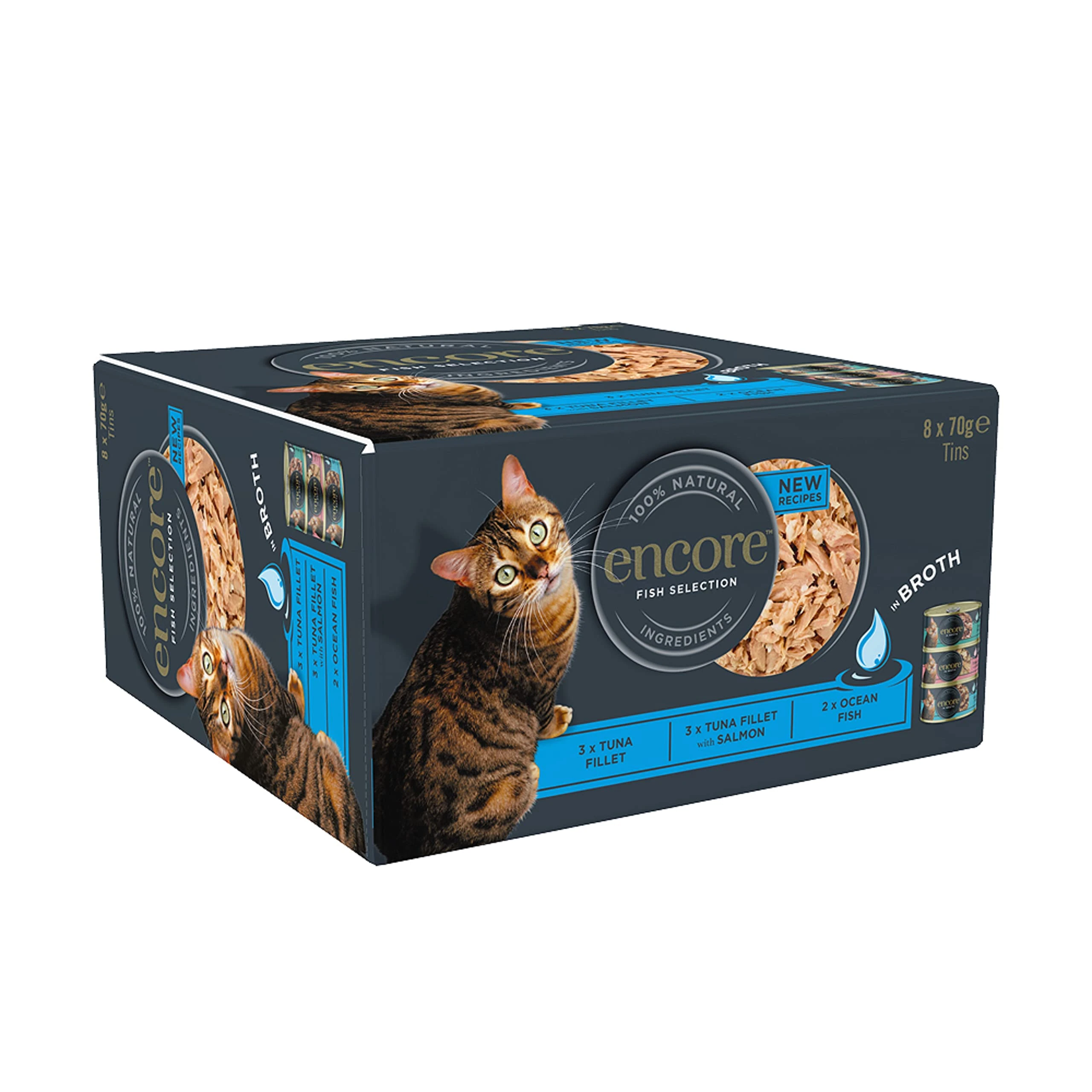 Encore 100% Natural Wet Adult Cat Food, Fish Selection in Broth, 8x70g Tins