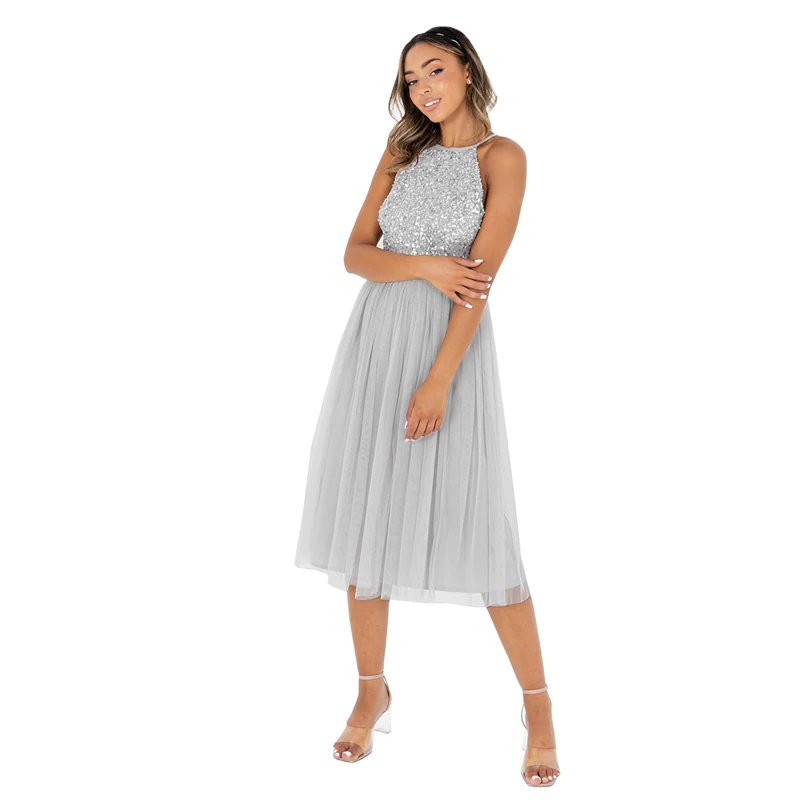 Maya Deluxe Women's Ladies Midi Dress with Halter Neck Tulle for Evening Graduation Prom Wedding Bridesmaids Ball Gown, Soft Grey, 24