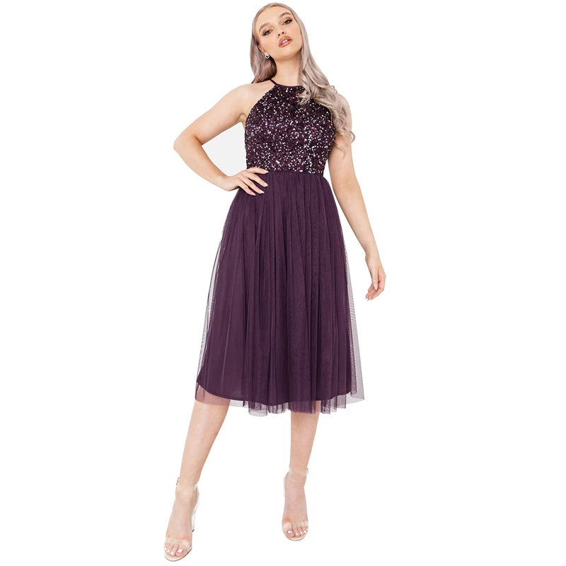 Maya Deluxe Women's Ladies Midi Dress with Halter Neck Tulle for Evening Graduation Prom Wedding Bridesmaids Ball Gown, Berry, 24