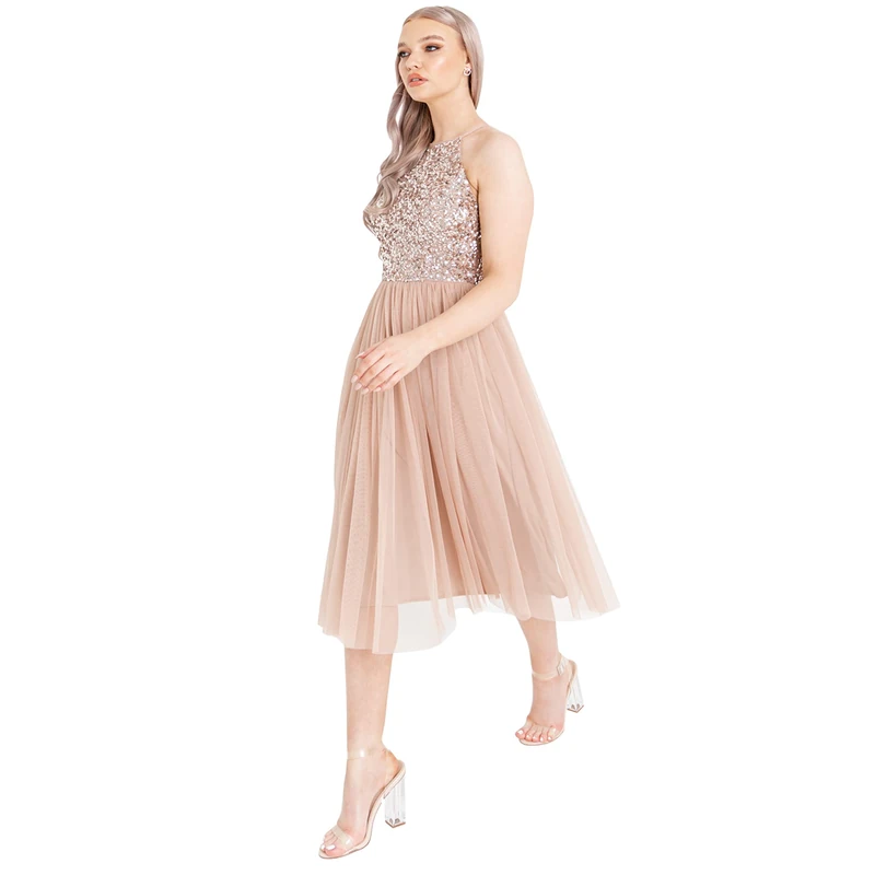 Maya Deluxe Women's Ladies Midi Dress with Halter Neck Tulle for Evening Graduation Prom Wedding Bridesmaids Ball Gown, Taupe Blush, 18