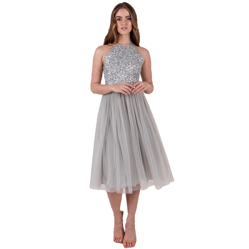 Maya Deluxe Women's Ladies Midi Dress with Halter Neck Tulle for Evening Graduation Prom Wedding Bridesmaids Ball Gown, Soft Grey, 20