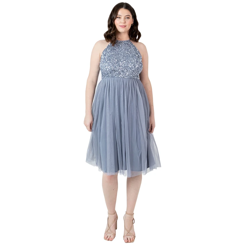 Maya Deluxe Women's Ladies Midi Dress with Halter Neck Tulle for Evening Graduation Prom Wedding Bridesmaids Ball Gown, Dusty Blue, 6