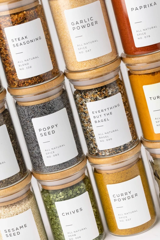 Bloomondo 12 Pack Empty Spice Jars with Bamboo Lid - 6oz Small Spice Storage Bottles with 112 Printed Self Adhesive Labels and 48 Writable Labels for