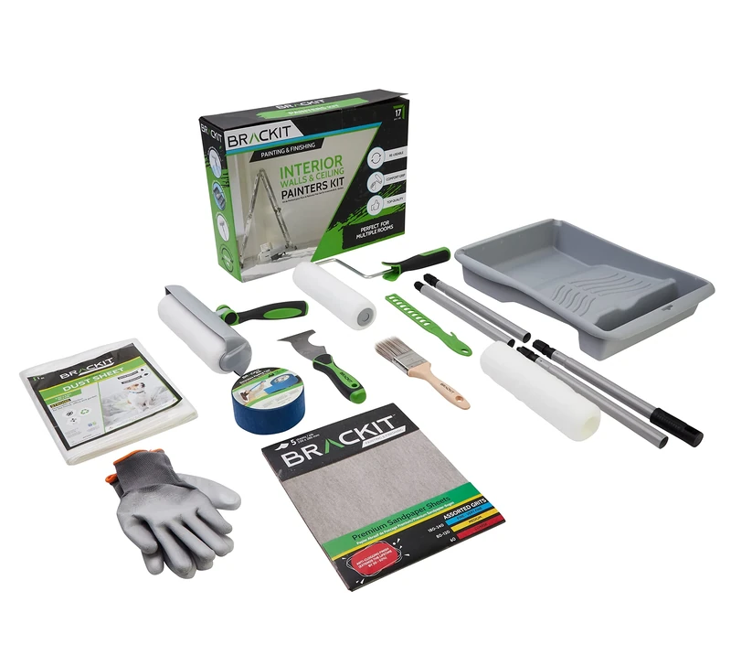 Brackit Interior Walls & Ceiling Painter’s Kit- 17-Piece Decorators’ Supplies - for Indoor Painting with Rollers, Paint Brush, Paint Tray, and More - with a Complete Paint Roller Kit for Decorating