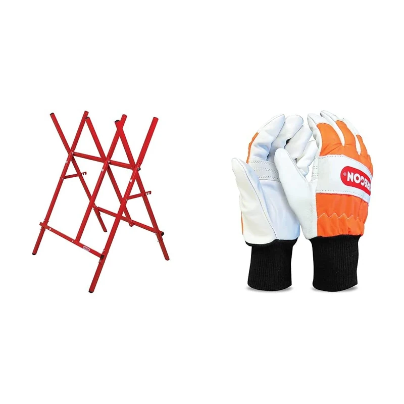 OREGON Steel Log Saw Horse, Foldable and Adjustable, 27 cm Log Capacity (584145) & Chainsaw Left-Hand Protection Leather Gloves – Medium (Size 9) (91305M)