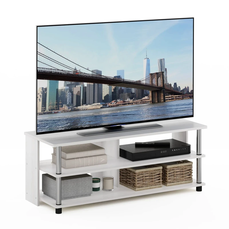Furinno SULLY TV Stand, 3-Tier Entertainment Center, TV Console for TV up to 48 Inch, for Living Room, Bedroom, White Oak/Stainless Steel Tubes